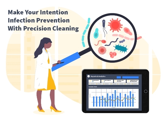 Graphic with tablet showing Optisolve SAVI reports and a woman holding a magnifying glass revealing germs