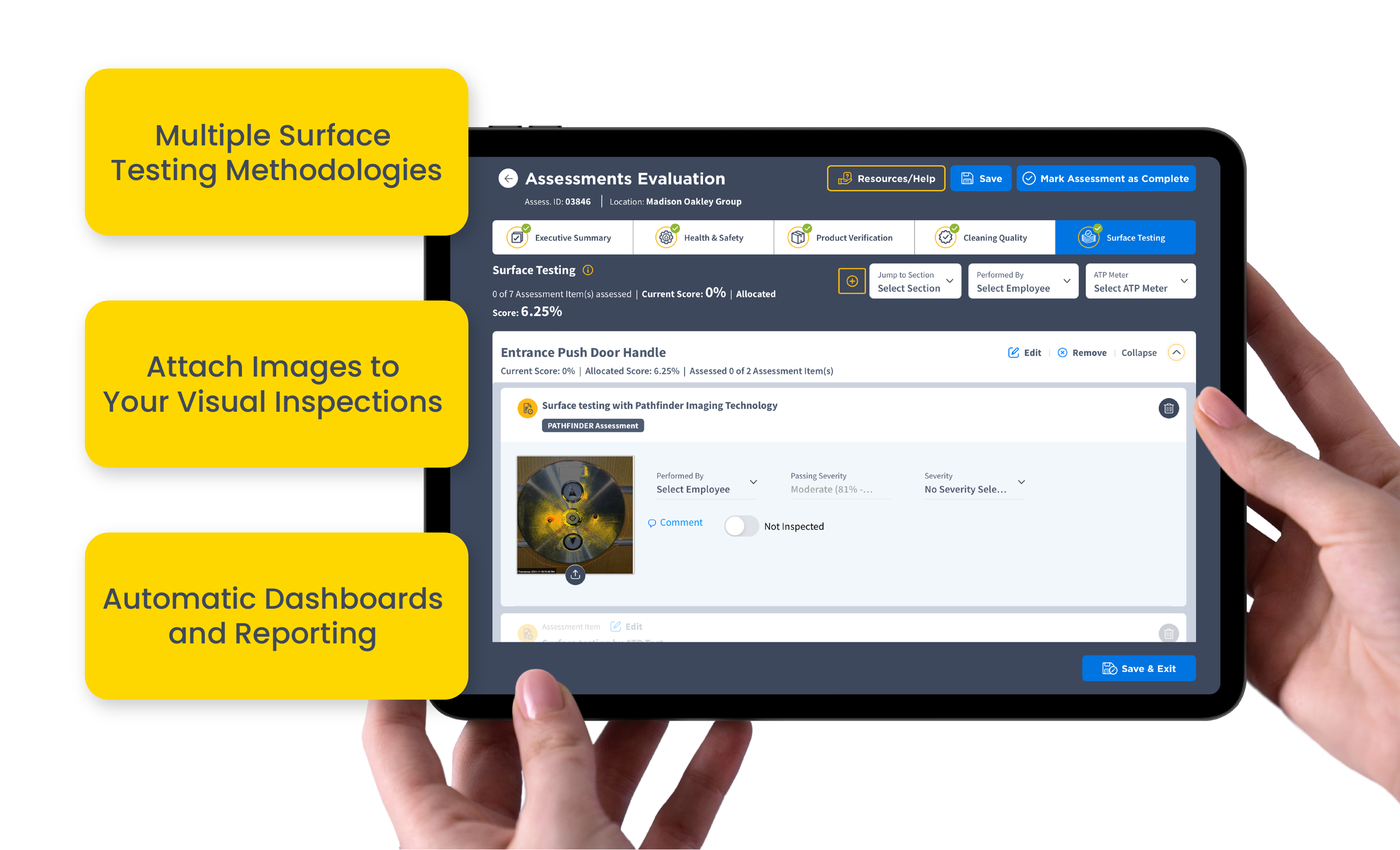 A person holds a tablet displaying an "Assessments Evaluation" software interface, with focus on features such as multiple surface testing methodologies, attaching images for visual inspections, and automated dashboards and reporting. The tablet shows a detailed screen for evaluating a facility's cleanliness, including a close-up image of a door handle under scrutiny for hygiene. Promotional overlays emphasize the benefits of the software in improving facility management and reporting.