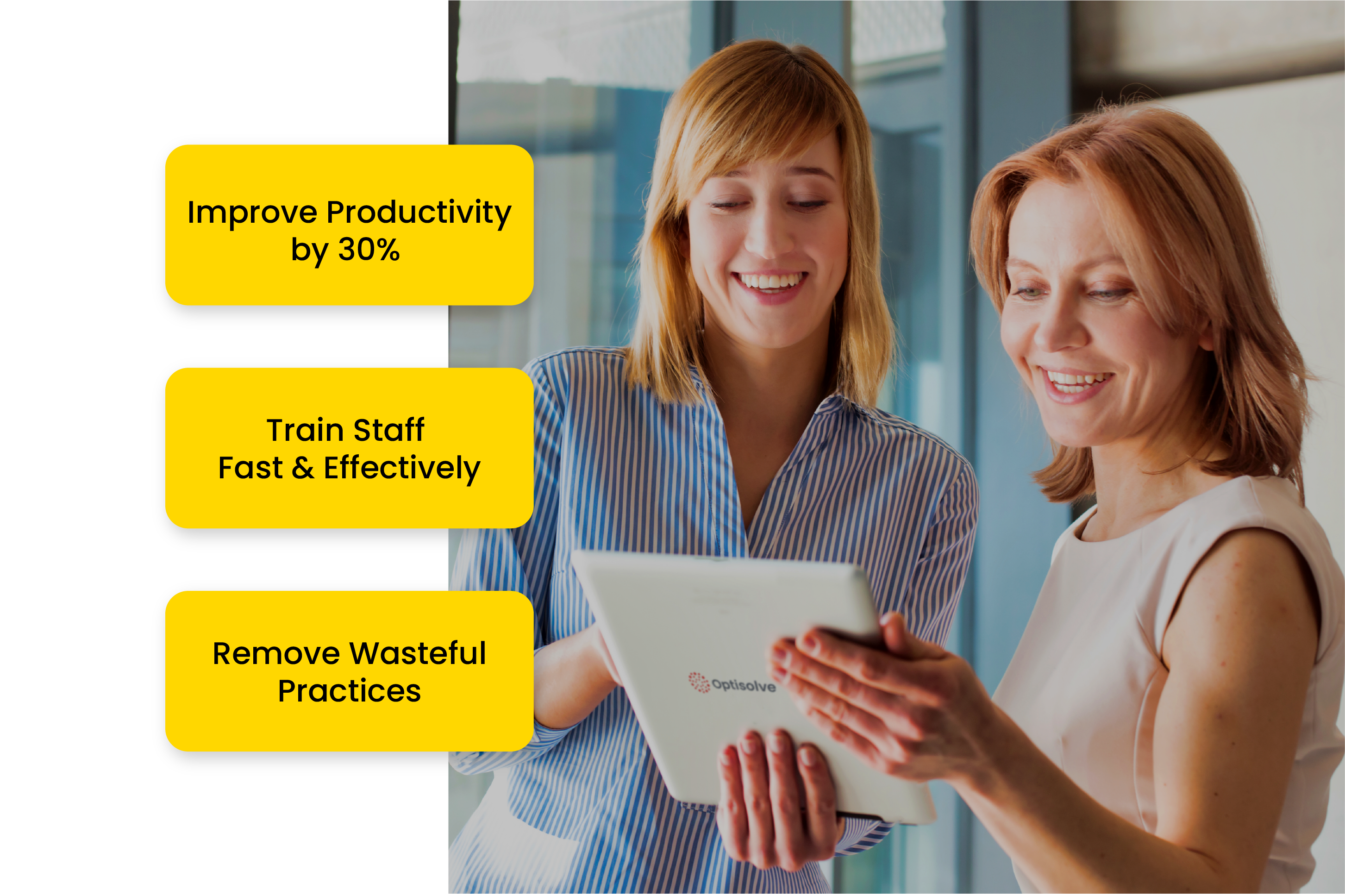 Two smiling women, one younger with blonde hair and a blue striped shirt, and the other older with red hair and a cream blouse, share a tablet with business information. They are positioned next to promotional text boxes highlighting benefits like "Improve Productivity by 30%", "Train Staff Fast & Effectively", and "Remove Wasteful Practices".