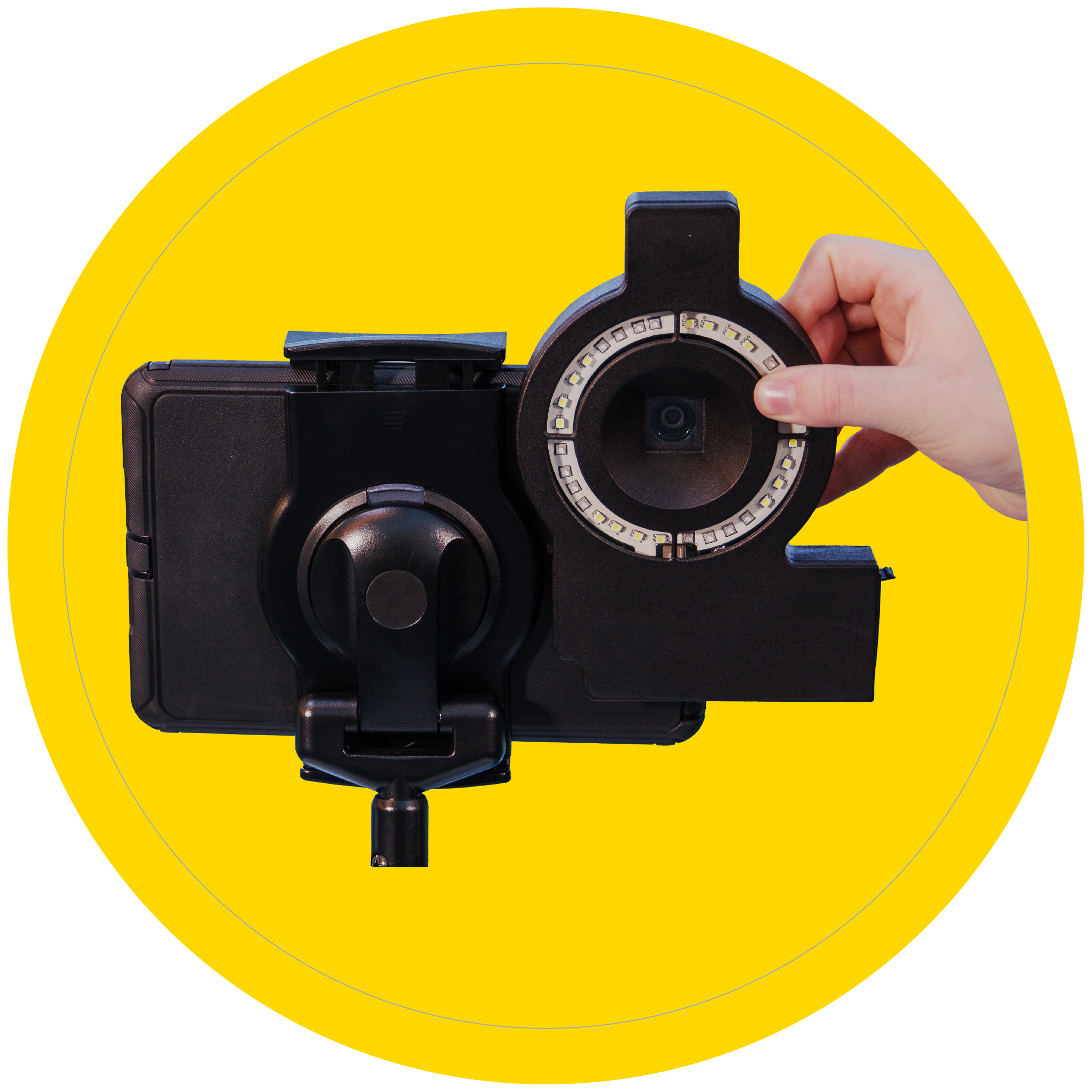 iPad attached to a tripod with the Optisolve Pathfinder attached