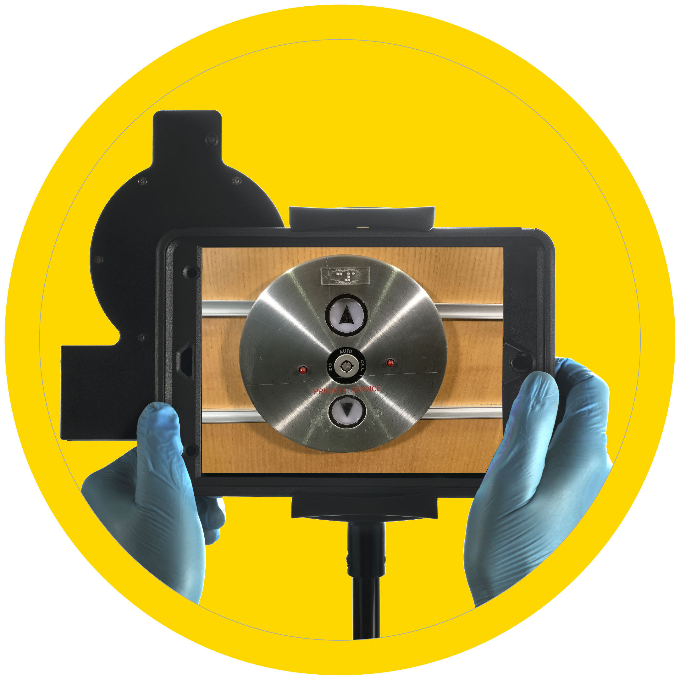 iPad taking a photo with the Pathfinder of elevator call buttons