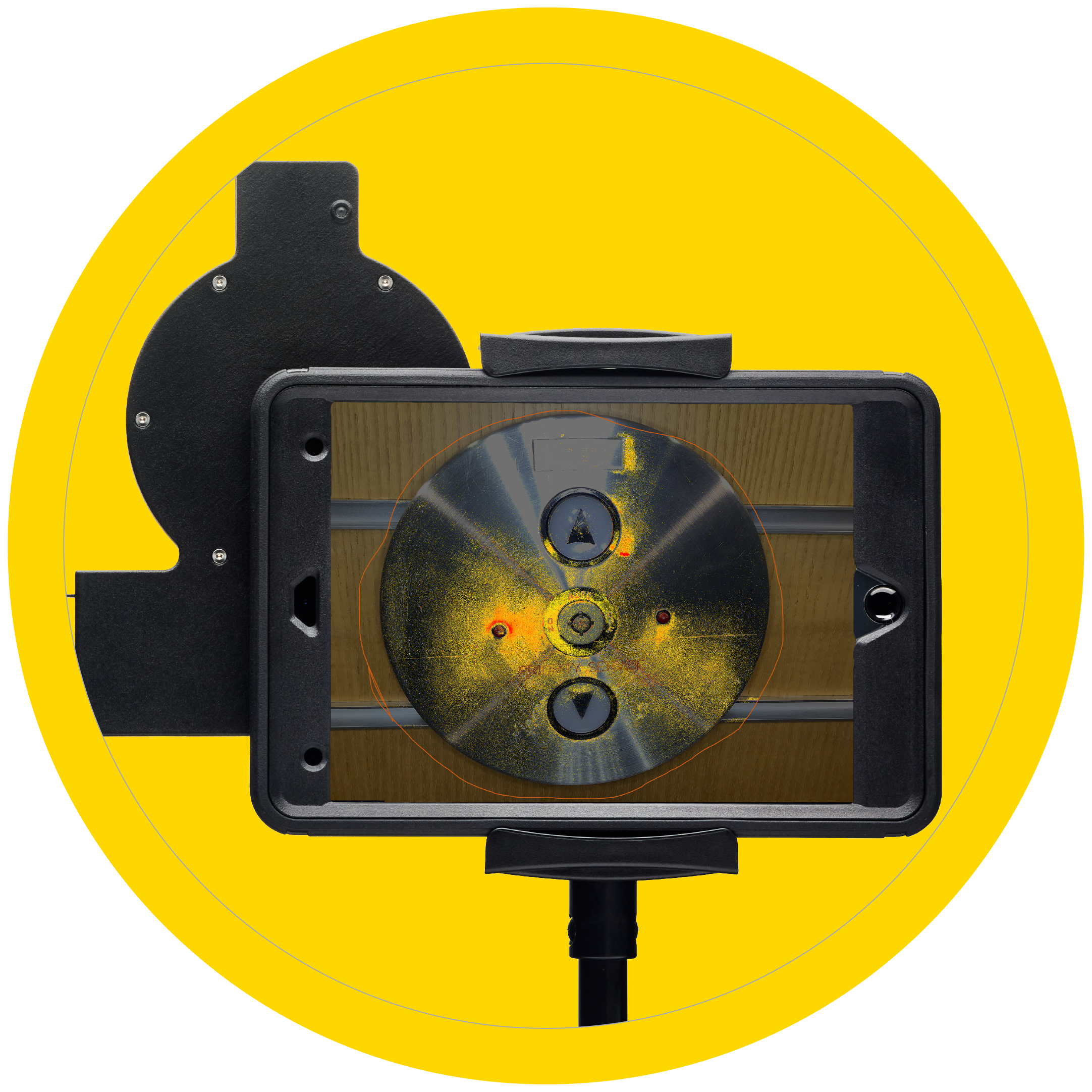 After image showcasing what the Pathfinder by Optisolve captures of the same elevator call button on an iPad