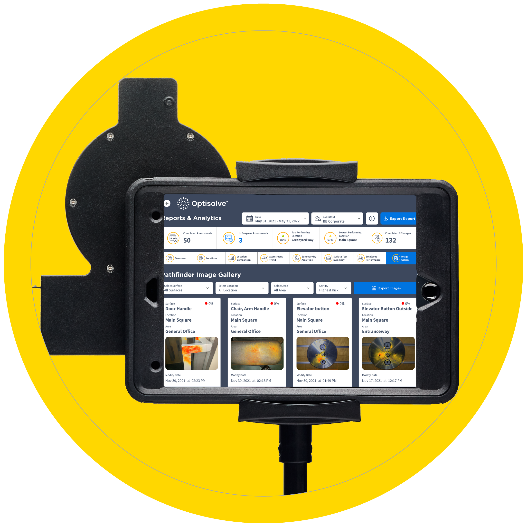 Optisolve Reports and Analytics page open on an iPad with the Pathfinder attached