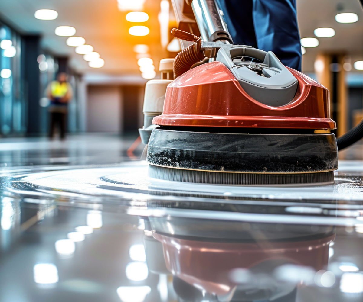 A janitor is maintaining floors in a facility with an electrical floor cleaner.