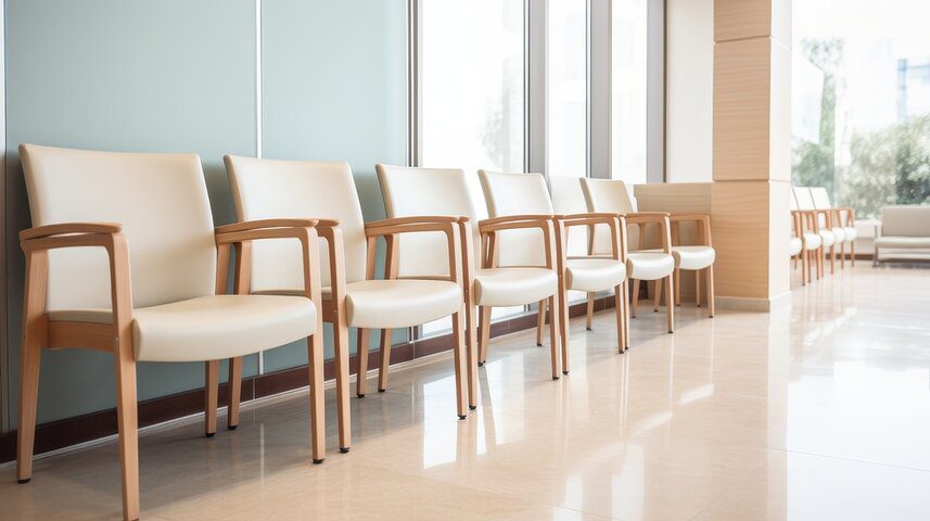 Empty chairs in a waiting area of a medical facility