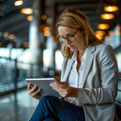 A woman in glasses and a light blazer sits in a modern, warmly lit space, intently looking at a tablet in her hands. The blurred background with large