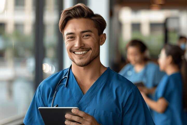 A cheerful healthcare professional wearing blue scrubs and a stethoscope smiles while holding a tablet. The background shows other medical staff engaged in conversation, symbolizing teamwork, technology, and a modern medical environment.