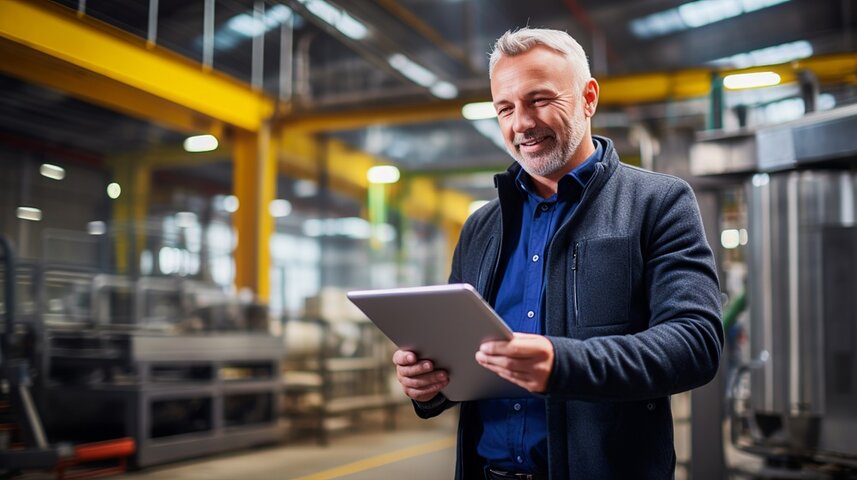 A smiling professional in a modern industrial setting holds a tablet, appearing engaged in monitoring or managing operations. The well-lit factory background with machinery and vibrant colors reflects efficiency and technology in an industrial environment.